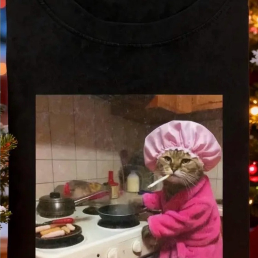 Black T-Shirt with Cat Chef Print